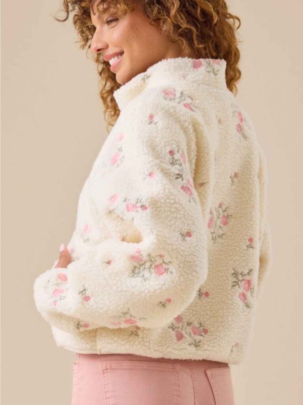 ALTARD STATE Cozy Floral Sherpa Half-Zip Jacket - Cream with Pink Roses - Picture 4 of 8